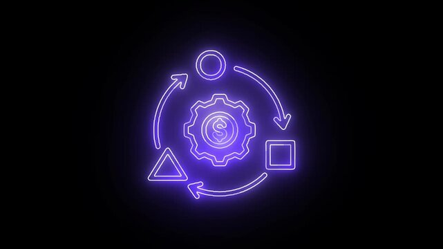 Neon workflow cycle gear icon looping on black background, glowing purple outline with arrows for automation, process refresh, system operations, software settings, corporate dashboards, and technolog