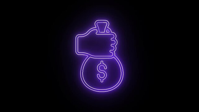 Neon money bag approval icon looping on black background, glowing purple outline for payments, profits, savings, banking apps, ecommerce checkout screens, finance presentations, and promotional UI ove