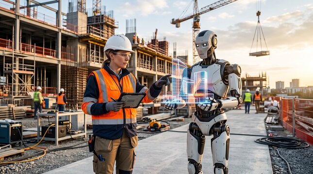 A female construction engineer in safety gear reviewing a 3D hologram of a building project with an advanced AI robot on a busy construction site at sunset.