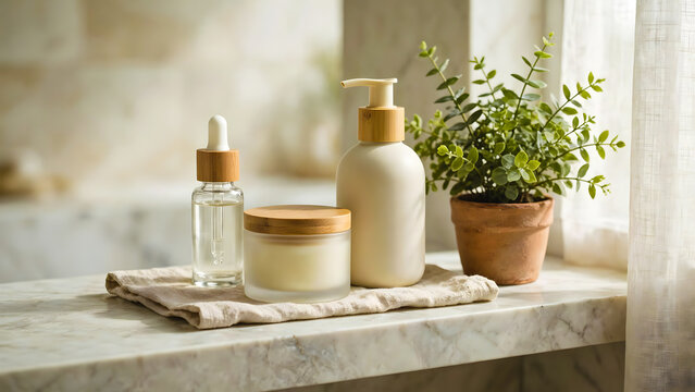 Natural skincare products with plant on marble shelf by window, spa beauty routine flatly concept.