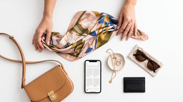 Flat lay of fashion accessories and smartphone displaying online shopping app