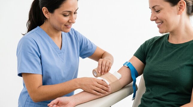 Nurse applying bandage to patient arm after blood draw procedure