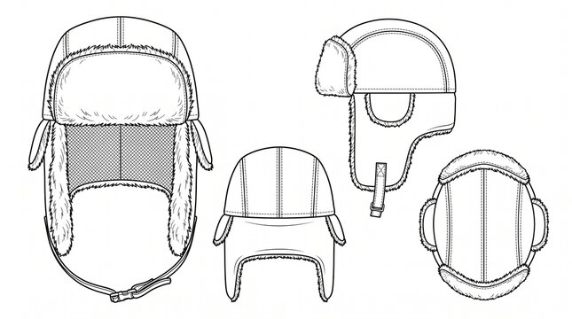 Trapper Hat Fashion Technical Sketch Template Featuring Front Back Side and Top Views of Winter Aviator Cap with Faux Fur Lining