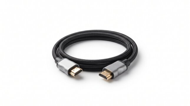 Black HDMI cable coiled on white background for digital video and audio connectivity.