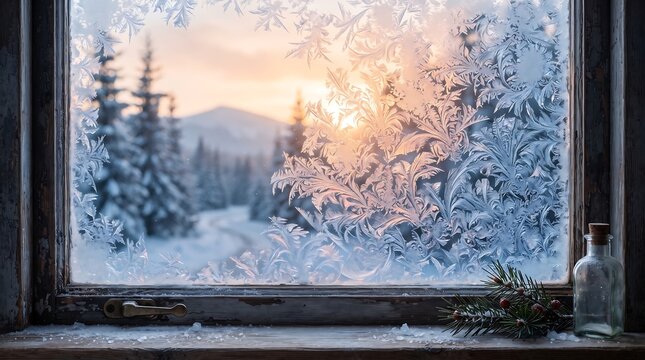 Winter wonderland scene through frosty window with snow covered trees and mountains