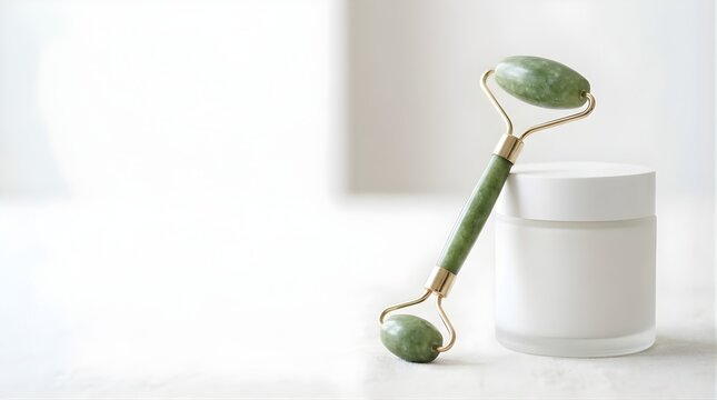 Green jade face roller with a white skincare cream jar on light background