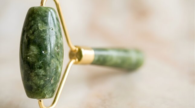Green jade face roller for skincare beauty treatment on stone background