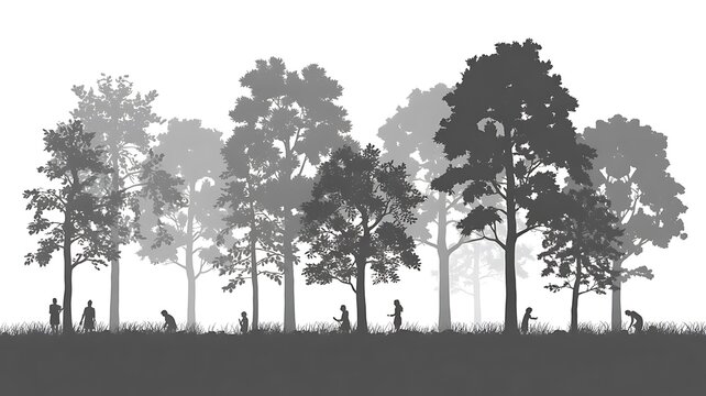Silhouetted trees with tiny figures in a monochromatic landscape during daylight