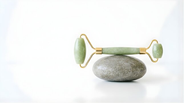 Green jade facial roller on a stone for beauty skincare routine on white