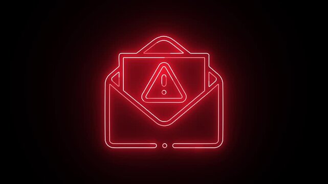 Neon red warning email envelope icon glowing looping on black background