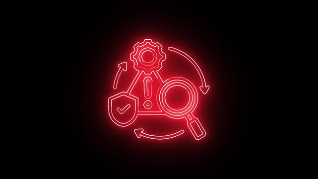 Neon red process optimization icon looping on black background with gear checklist and magnifier

