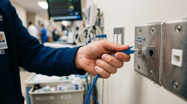 Hand plugging a connected device into a hospital network port