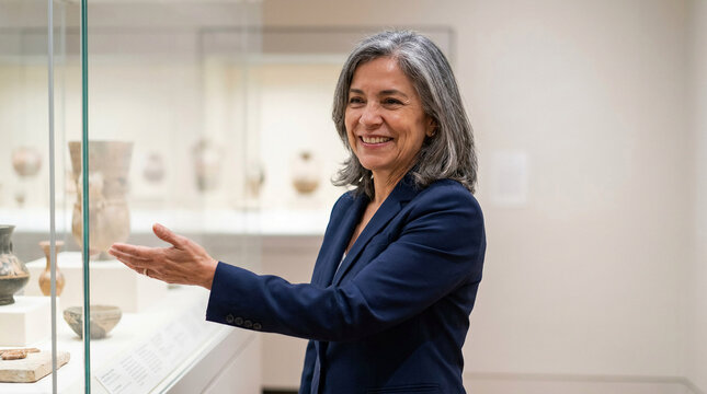 Smiling Hispanic female curator displaying ancient pottery artifacts during Hispanic Heritage celebration presenting valuable historical art objects inside modern museum exhibition showcase.