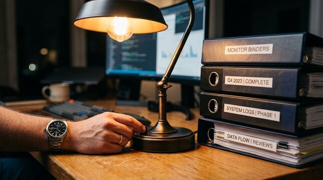 Hand turning off a desk lamp beside a stack of completed connected monitor binders