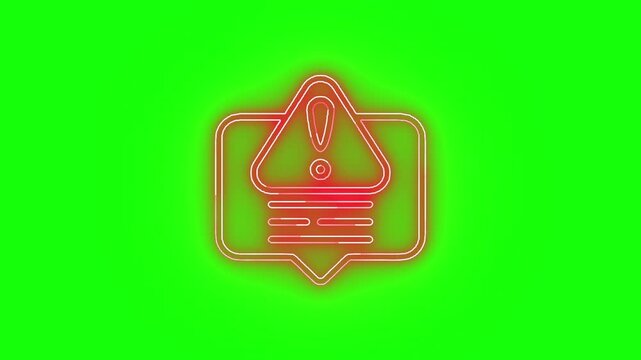 Neon red warning message bubble icon looping on green screen chroma key background

