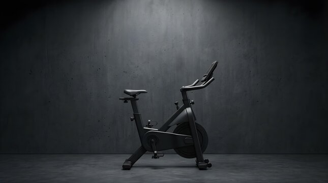 Modern black stationary exercise bike in a dark minimalist gym studio