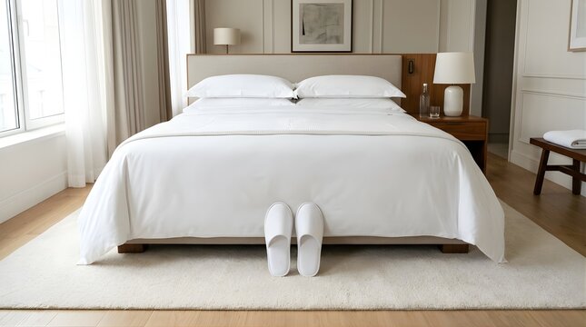 Modern hotel bedroom with white bed linen and slippers in a minimalist room