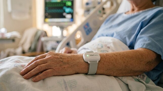 Small wireless vital signs sensor attached to a patient's wrist, transmitting data quietly, soft hospital light