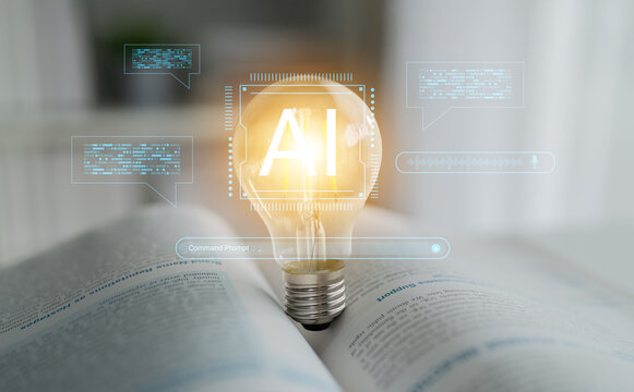 A glowing light bulb symbolizing artificial intelligence illuminates an open book, merging ideas of innovation and technology with digital dialogue and knowledge expansion. Cyphers