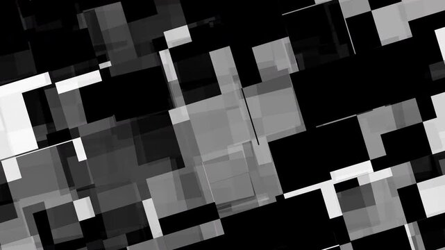 Monochrome geometric abstract rectangles motion graphics design featuring flickering black and white squares for minimalist tech video backgrounds.