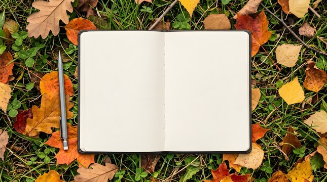 Open blank notebook with pen on autumn leaves outdoors top view