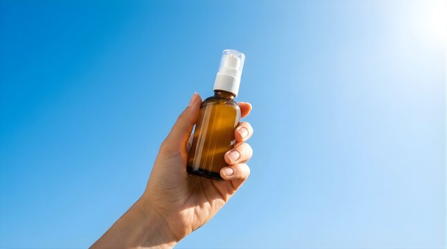 Person holding amber glass cosmetic pump bottle against blue sky
