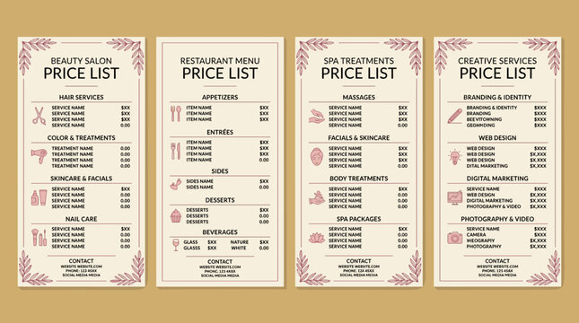 Elegant and professional collection of four varied service menu templates featuring minimalist typography and ornamental frame borders for business