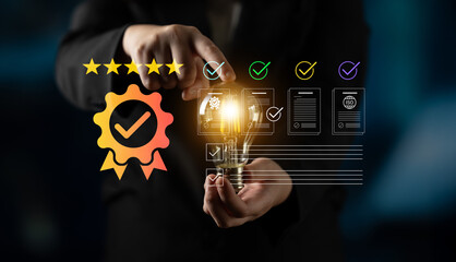 A businessman presents a glowing light bulb while surrounded by ratings and checkmarks, representing innovation and quality assurance in the modern industry landscape. Cyphers © InfiniteFlow