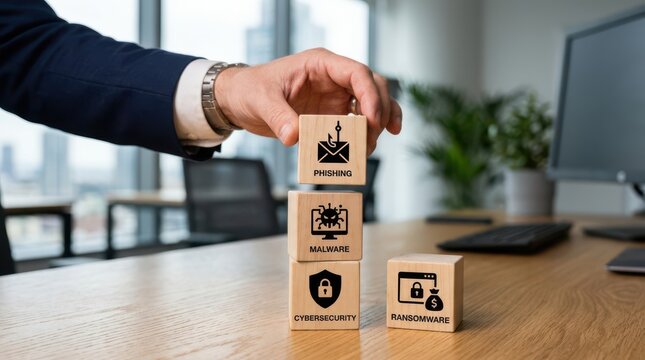 Hand stopping phishing malware attack with security blocks