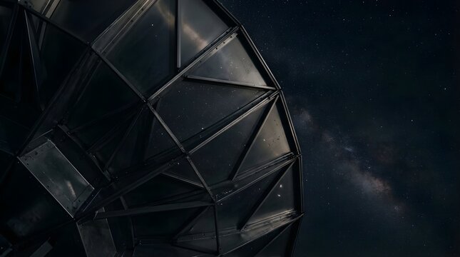 Satellite dish telescope observing the starry milky way galaxy at night