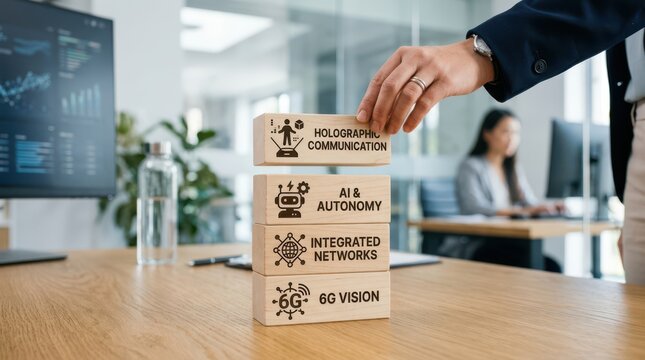 Hand touching hologram communication interface with futuristic tech icons
