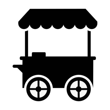 Minimalist black silhouette of a traditional hot dog cart with a scalloped awning and large wheels isolated on white background. Street food catering concept