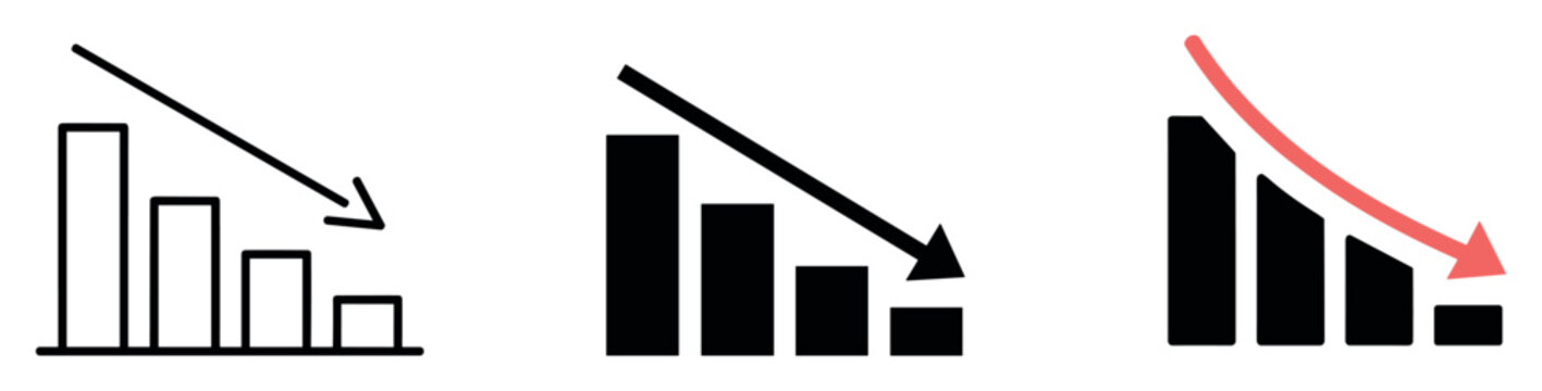 Downward Trend Icons: A set of three minimalist icons representing a downward trend, with bars decreasing in height and an arrow indicating a decline.