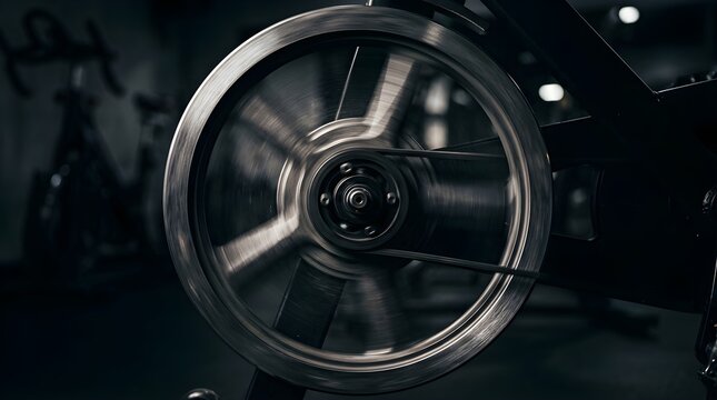 Spinning metallic flywheel of a stationary bike in a dark gym