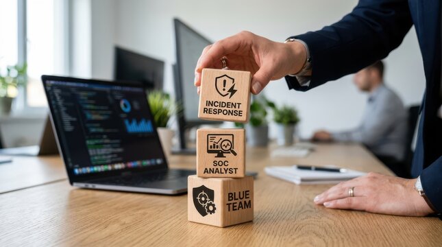 Person building cybersecurity team blocks with incident response and soc analyst labels