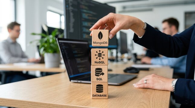 Person building database technology block tower with mongodb, nosql, sql labels