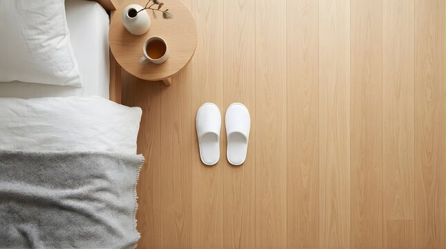 Top view of white slippers on wooden floor next to a minimalist bed