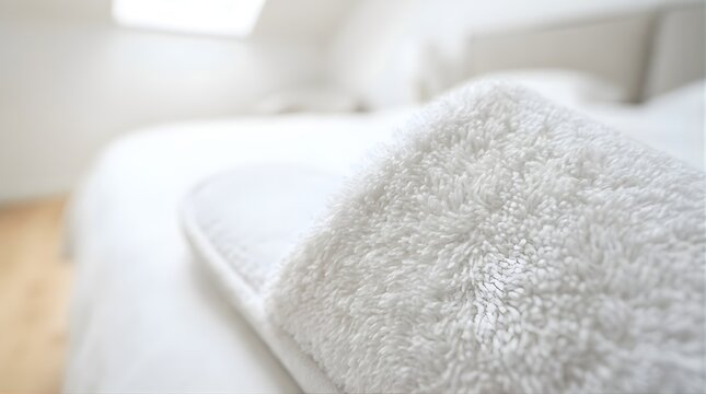 White hotel slippers on a bed in a bright modern bedroom interior