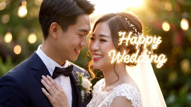 Smiling Asian bride and groom celebrating sunset wedding marriage with glowing happy text and silhouette lighting