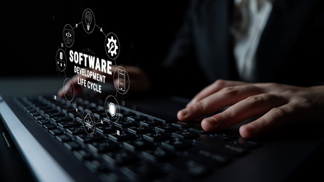 Hands Typing on Laptop Keyboard with Software Development Life Cycle Icons in Background Representing Modern Technology and Innovation Concept Quark.