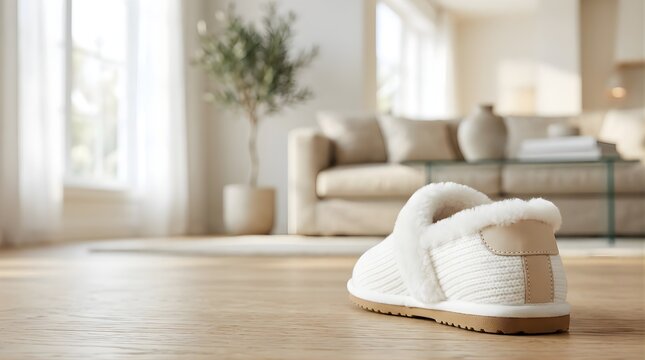 White warm slipper on wooden floor in a cozy bright living room interior
