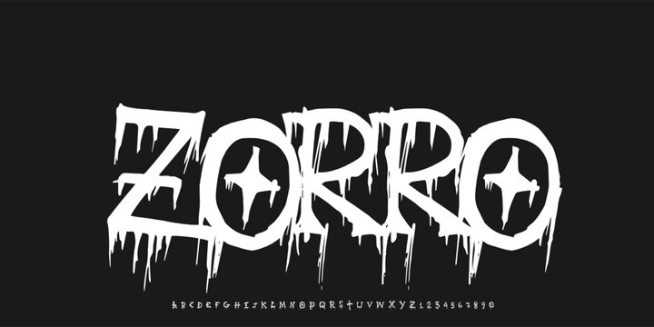 Y2k Dark Lettering tattoo vector type font. Grunge style type font with Gothic Punk Rock and Death Metal signs and symbols. Scary tattoo font 00s concept