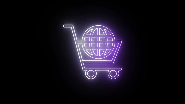 Neon global shopping cart icon glowing purple animation loop on black background