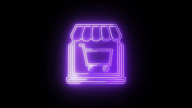 Neon online store storefront icon glowing purple animation loop on black background