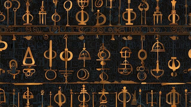 Intricate Golden Abstract Symbols Pattern on Dark Background. Mystical, Ancient, Ornate, and Fantasy Decorative Design