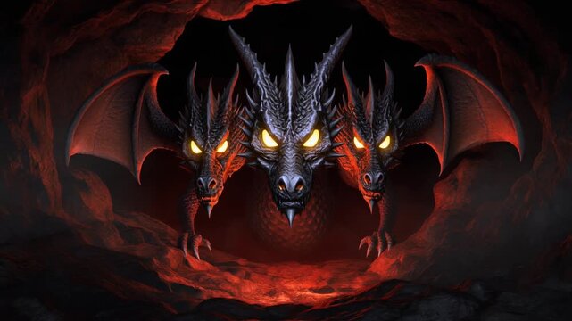 Three-headed mythical dragon lurking in dark cave entrance with glowing eyes and intricate scales