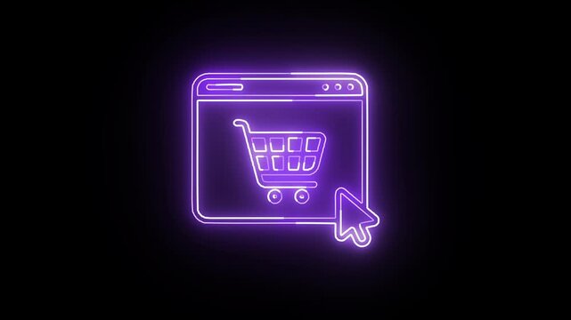 Neon shopping cart checkout window icon glowing purple animation loop on black