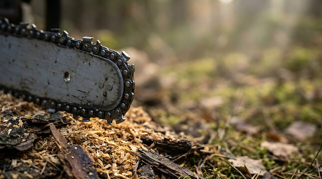 Chainsaw bar and sharp cutting chain resting on a pile of fresh wood sawdust in the forest