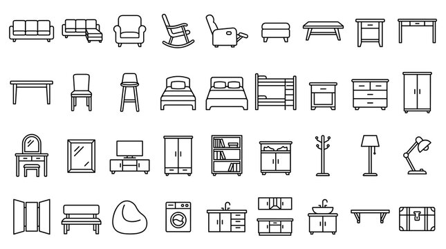 Home Furniture Outline Icon Set Featuring Modern Sofa Bed Chair Table Cabinet Wardrobe and Interior Decor Symbols in Linear Vector Design