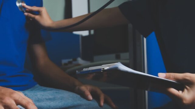 Doctor using a stethoscope checking patient with examining, presenting results symptom and recommend treatment method, Healthcare and medical concept